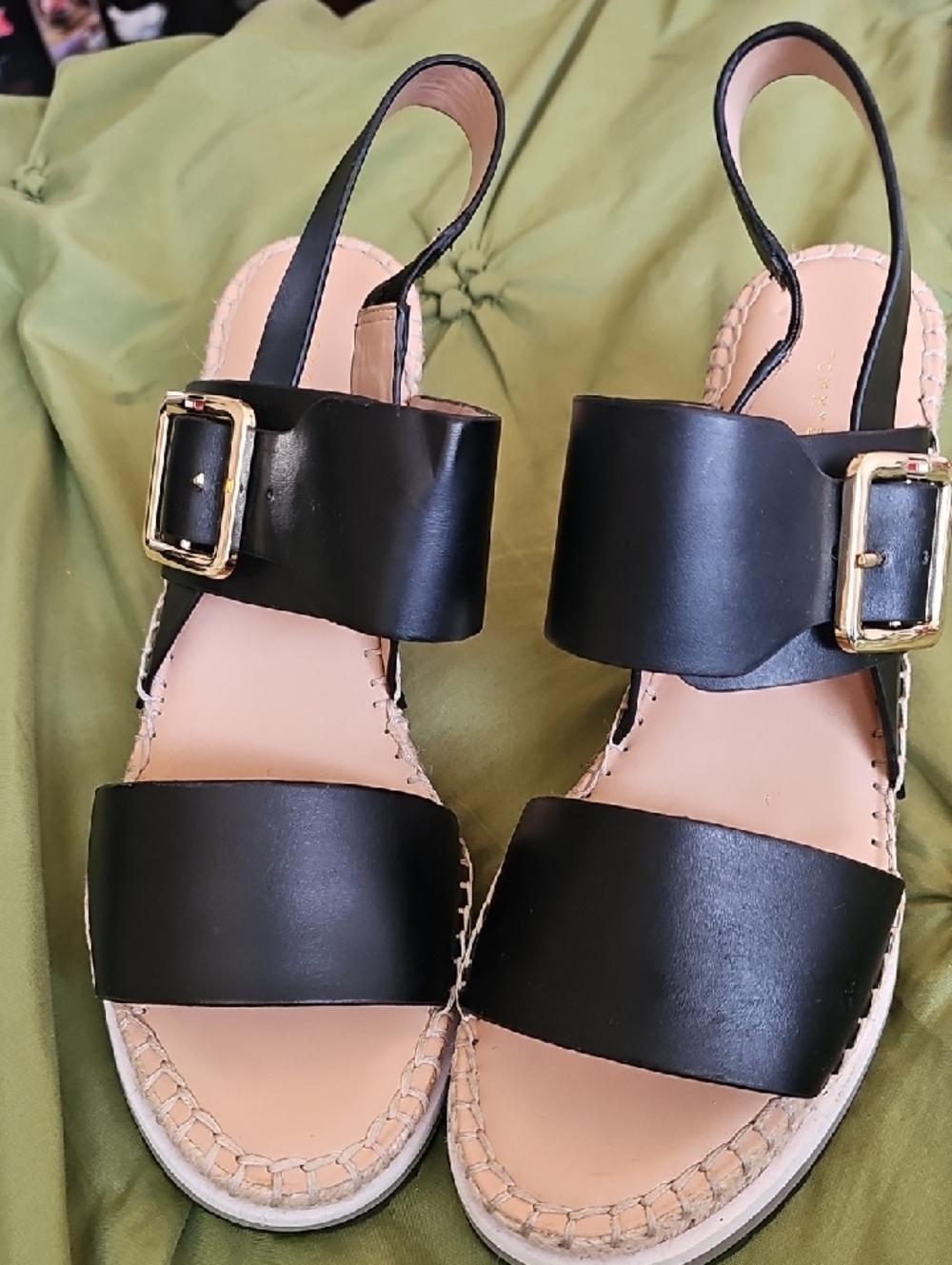 TOMMY HILFIGER Black Leather Strap Women’s Wedges with Gold Buckle
